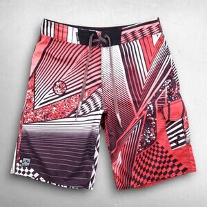 Rusty Board Shorts Men 31 Red Black Geometric Cargo Pocket R.Evolution Swim